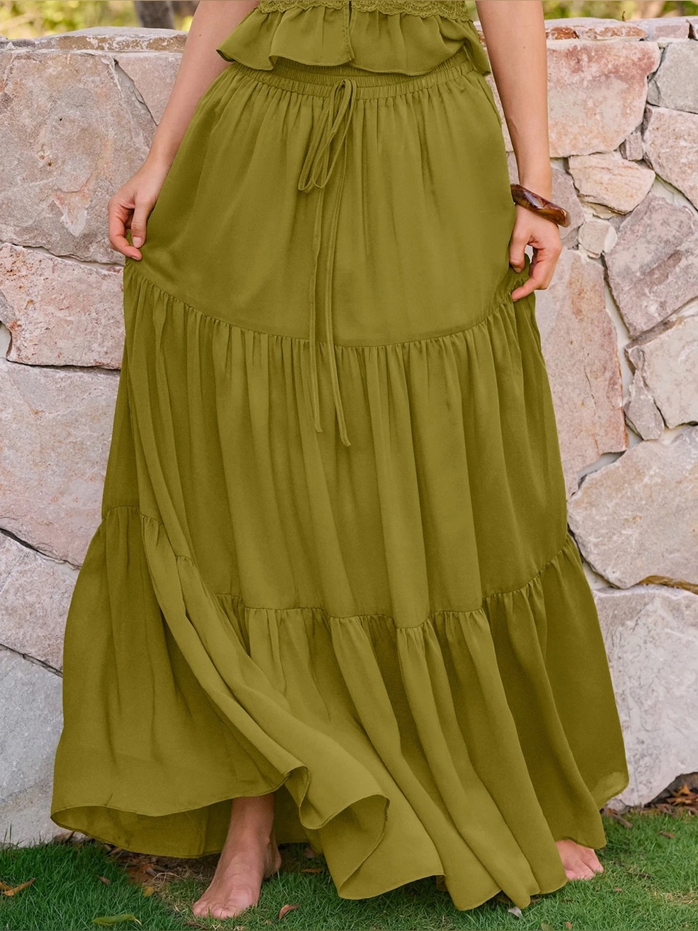 Rihoas Green Elastic Waist Chiffon Maxi Skirt